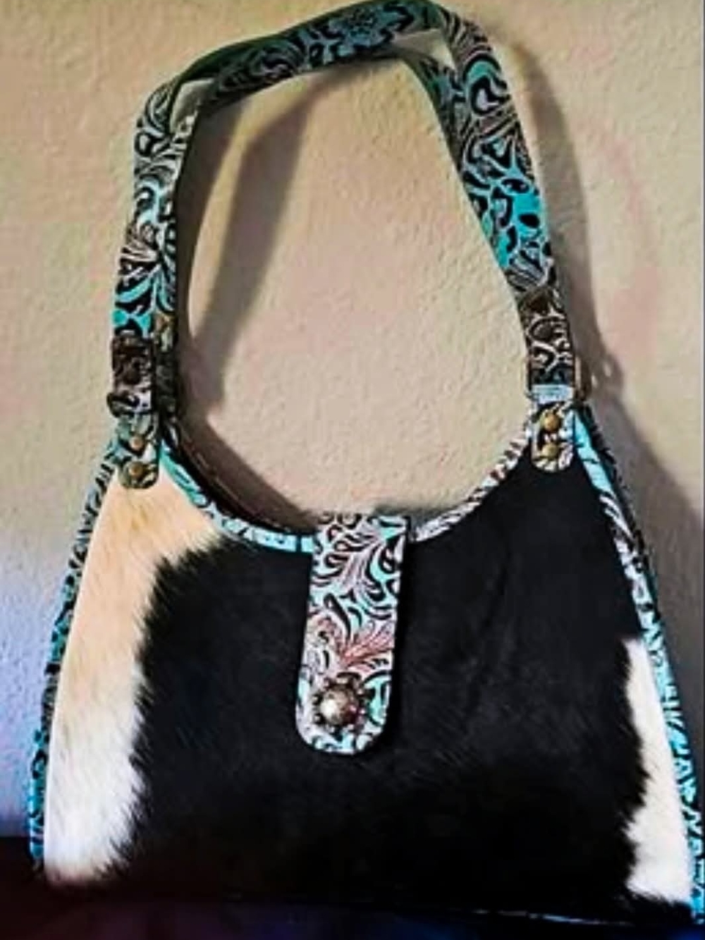 Myra Bag Leather/Hair-on With Turquoise Trim Shoulder Bag
